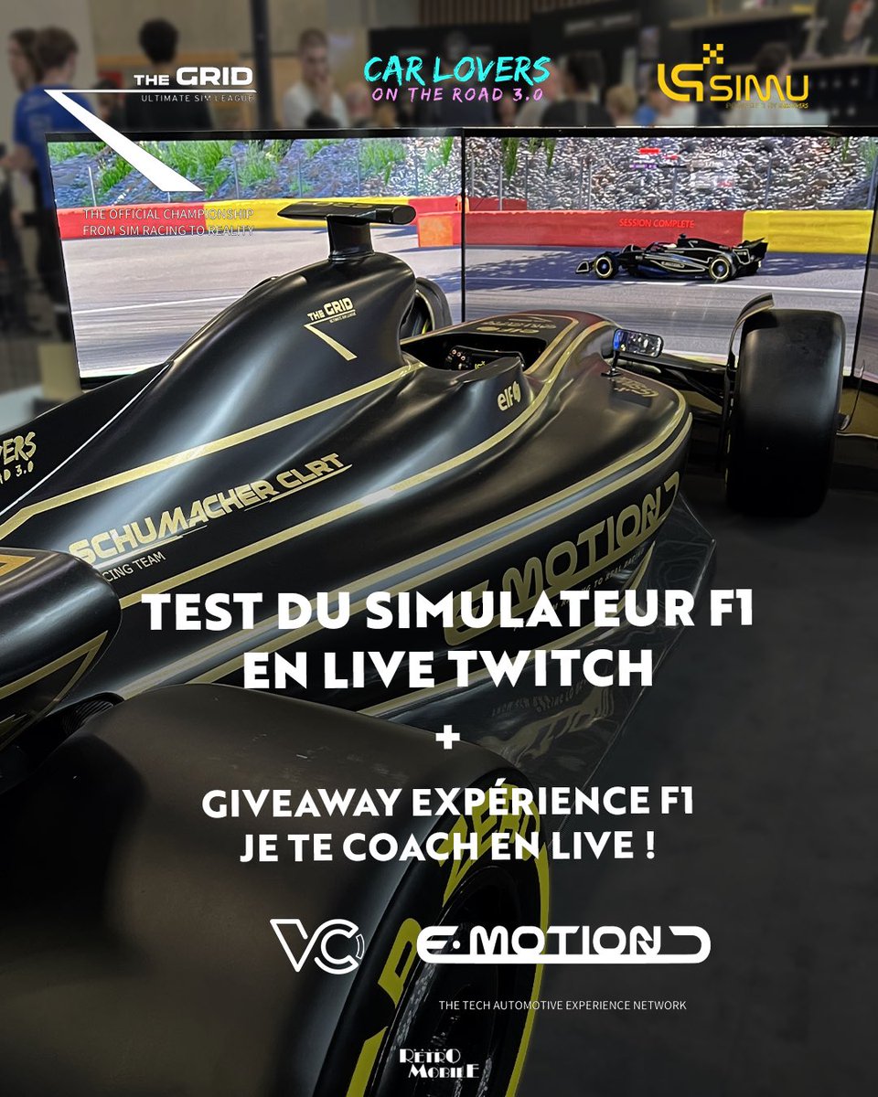 LIVE ÉVÉNEMENT !

Demain j’ai la chance de tester le simulateur #F1 de LP Simu avec E-Motion &amp; The Grid Racing au Salon #retromobile en live sur Twitch !

Et l’un d’entre vous sur place pourra la tester et je le coacherai en live !

Rdv demain Hall 2 Stand B062 à Retromobile ! 🔥