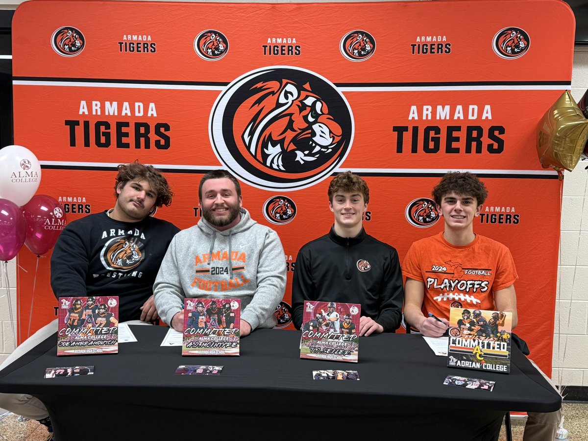 Congrats to Joe Abramovitch, AJ McIntyre, and TJ Seiler on signing to play football at Alma College, and Zefi Gjelaj on signing to play football at Adrian College! Way to go, boys! 🐅🏈
