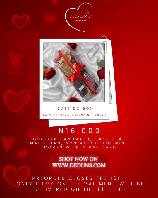 dedunscakes's tweet photo. VAL Cafe DC Box (2024)

This simple box is perfect as a self gift to celebrate Val’s Day.

This box contains:
Cafe DC’s House Sandwich (Chicken sandwich),a mini Cake Loaf,maltesers &amp; a bottle of non- alcoholic wine

Valentine’s card included 

https://t.co/xKk4icZuhS https://t.co/e69FocVSei