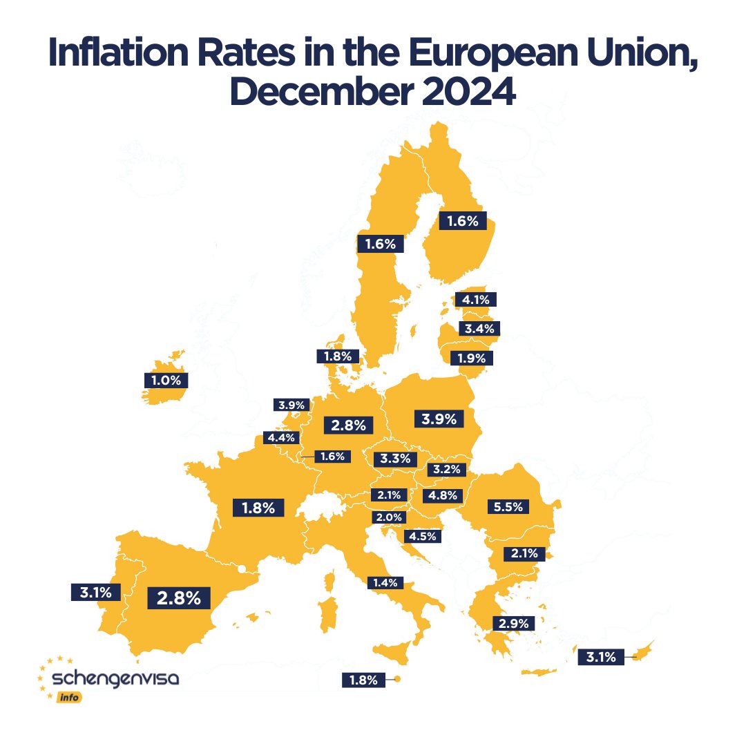 schengen_info's tweet photo. Inflation Rates in the European Union, December 2024πͺπΊ π π
*source: Eurostat
**time frequency: monthly
***unit of measure: annual rate of change
#eu #europeanunion #schengenvisainfo #map #infographics #inflation #inflationrates #inflationeurope #europe #eu https://t.co/6A8udY8quh