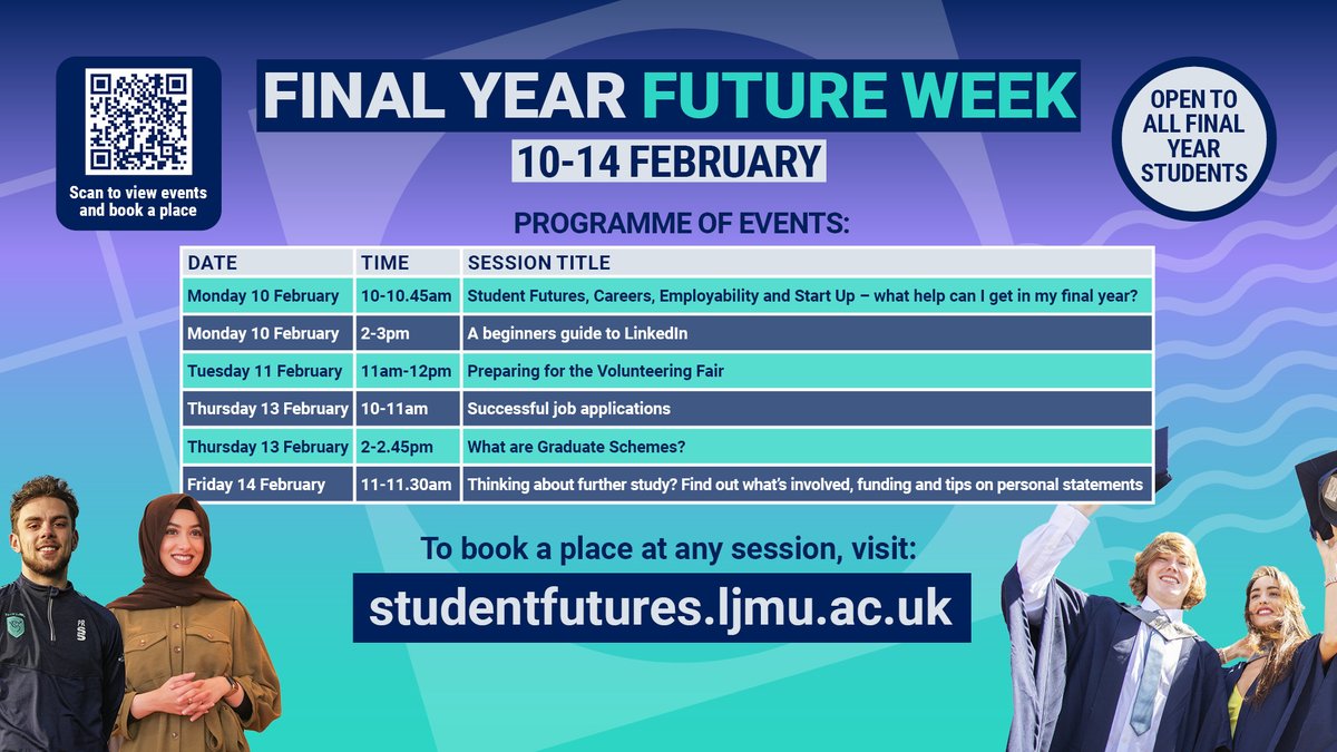 Final Year Future Week: 10-14 Feb
Final year <a href="/LJMU/">Liverpool John Moores University</a> students, we have a series of online sessions next week to help you to start the process of considering your next steps for life after university to enable you to make a successful transition from LJMU.
bit.ly/StudentFutures…