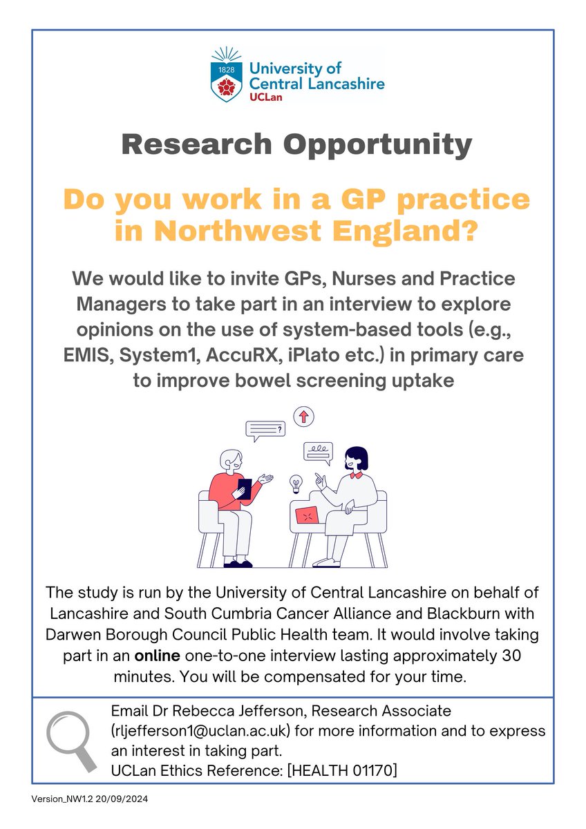 Yasemin Hirst (@maryyasemin) on Twitter photo 📢 Calling all HCPs in primary care and practice managers in Northwest England to take part in an interview study on improving bowel screening uptake.
👉Please Contact <a href="/RLJefferson93/">Dr. Rebecca Jefferson</a> via rljefferson1@uclan.ac.uk for more info
@UCLanResearch @WelcomeBwD <a href="/LSCICB/">Lancashire and South Cumbria ICB</a> 📢 Calling all HCPs in primary care and practice managers in Northwest England to take part in an interview study on improving bowel screening uptake.
👉Please Contact <a href="/RLJefferson93/">Dr. Rebecca Jefferson</a> via rljefferson1@uclan.ac.uk for more info
@UCLanResearch @WelcomeBwD <a href="/LSCICB/">Lancashire and South Cumbria ICB</a>