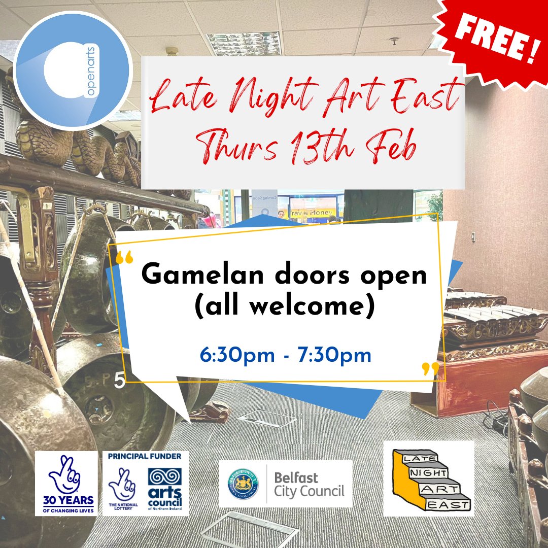 Open Arts (@openartsni) on Twitter photo Open Arts is back at East Belfast Late Night Art! Join us on Thursday 13th February, 6:30pm- 7:30pm in Connswater for a relaxing Gamelan drop-in session where you can try out our arrange of beautiful Javanese instruments.
<a href="/platformbelfast/">Platform Arts</a> @StrandArtsCentr <a href="/ArtsCareNI/">Arts Care</a> <a href="/belfastcc/">Belfast City Council</a> Open Arts is back at East Belfast Late Night Art! Join us on Thursday 13th February, 6:30pm- 7:30pm in Connswater for a relaxing Gamelan drop-in session where you can try out our arrange of beautiful Javanese instruments.
<a href="/platformbelfast/">Platform Arts</a> @StrandArtsCentr <a href="/ArtsCareNI/">Arts Care</a> <a href="/belfastcc/">Belfast City Council</a>