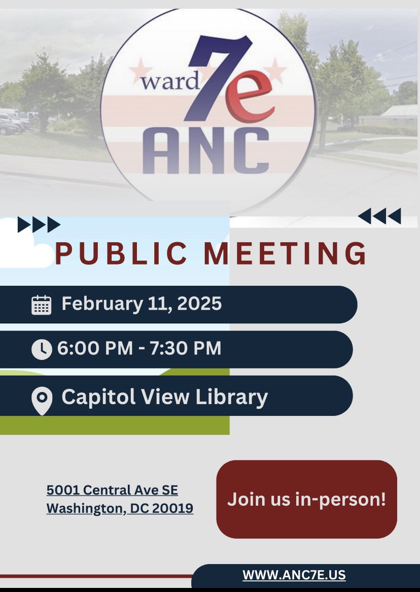 Ready for Summer and Service Opportunities?! 

Check out what’s new with <a href="/DCDPR/">DC Parks & Recreation #WhereFunHappens</a> and <a href="/ServeDC/">ServeDC</a> during the February 11 <a href="/ANC7E/">ANC 7E</a> Meeting. 

Committee sign ups are on the agenda too! 

📍Capital View Library
⏰ 6pm, 2/11/25
ℹ️ ANC7E.us