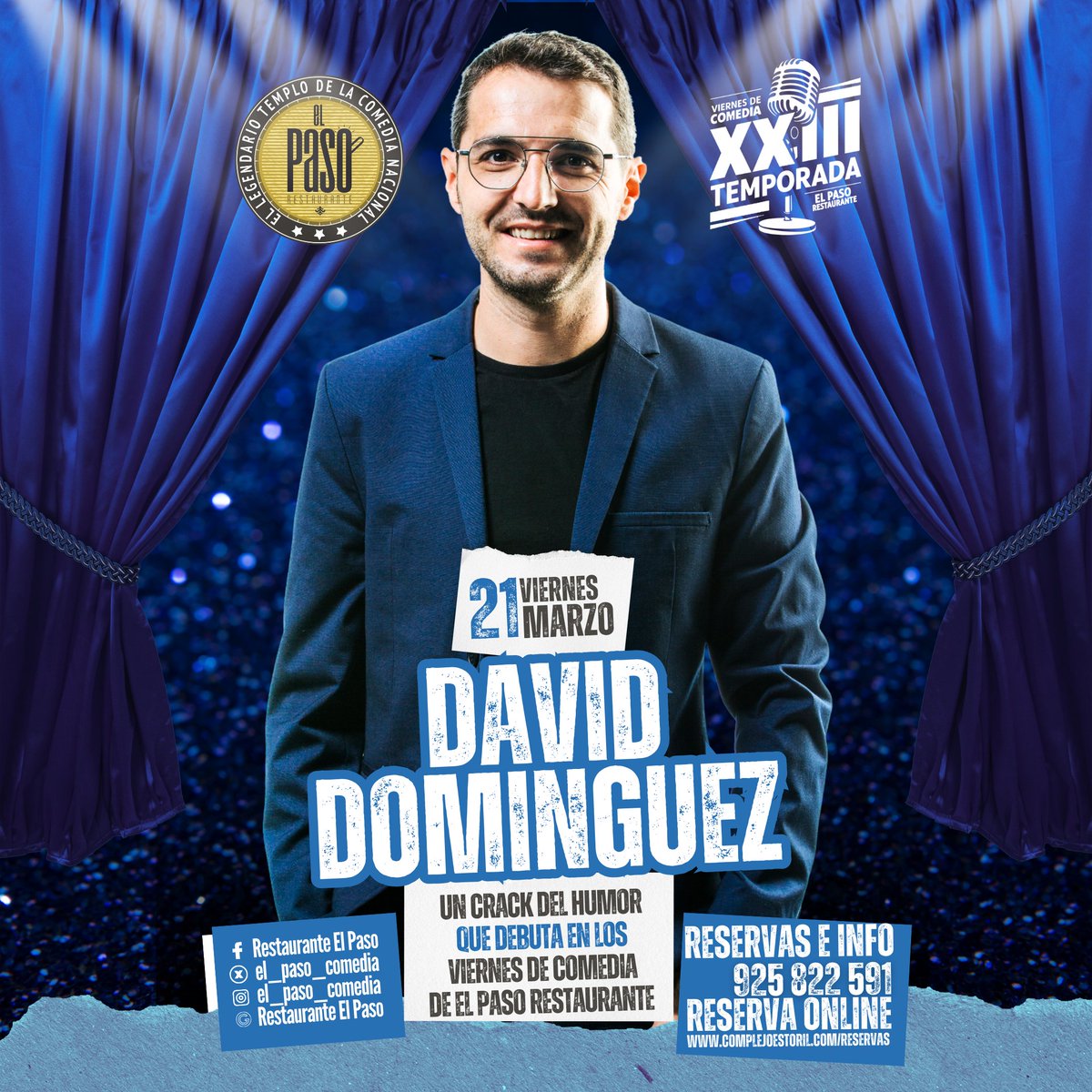 El esperadísimo debut de David Dominguez este viernes en <a href="/El_Paso_Comedia/">Restaurante El Paso</a> está causando una expectación tremenda!!
No dejes pasar la oportunidad de disfrutar con este gran monologuista murciano llamando al 925 822 591 o en 
complejoestoril.com/eventos/david-…