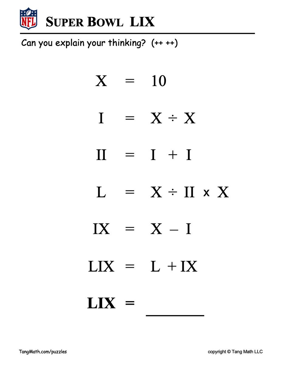 Looking for some Super Bowl FUN? Try one of my K-5 Super Bowl Pictarithms! I wrote a puzzle for each grade level. What does LIX mean? Curious kids can figure it out. Gr K &amp; 4 are below. Enjoy!
TangMath.com/puzzles