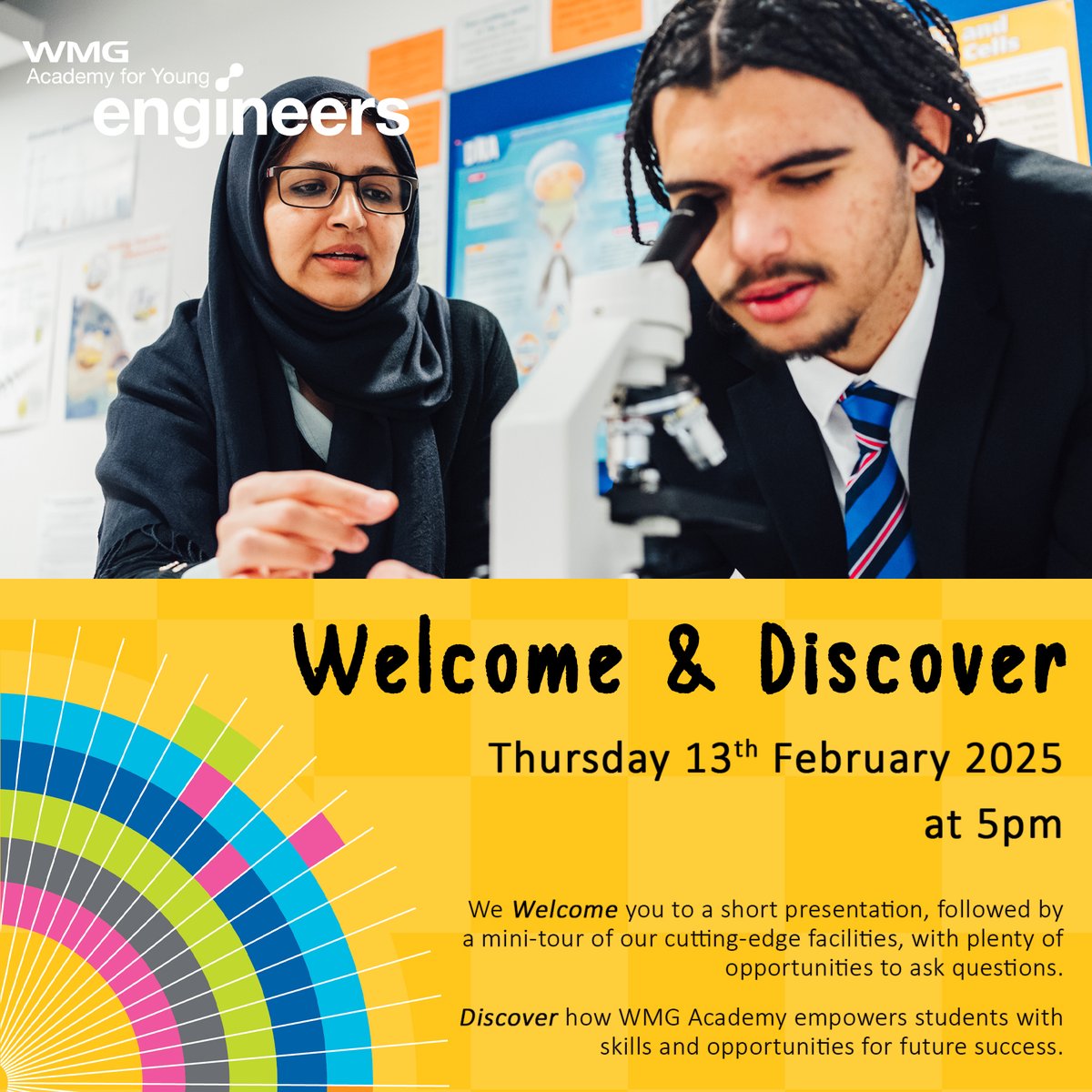 Join Us for a Special Welcome &amp; Discovery Event! 🎉

📢 Considering Year 10 or Year 12? Explore WMG Academy with a short presentation, mini-tour &amp; Q&amp;A.

📅 13.02.2025
🔗 Book now: shorturl.at/sa8Rz

🚀Discover how we can shape your future!

#WMGAcademy #YourFutureStartsHere