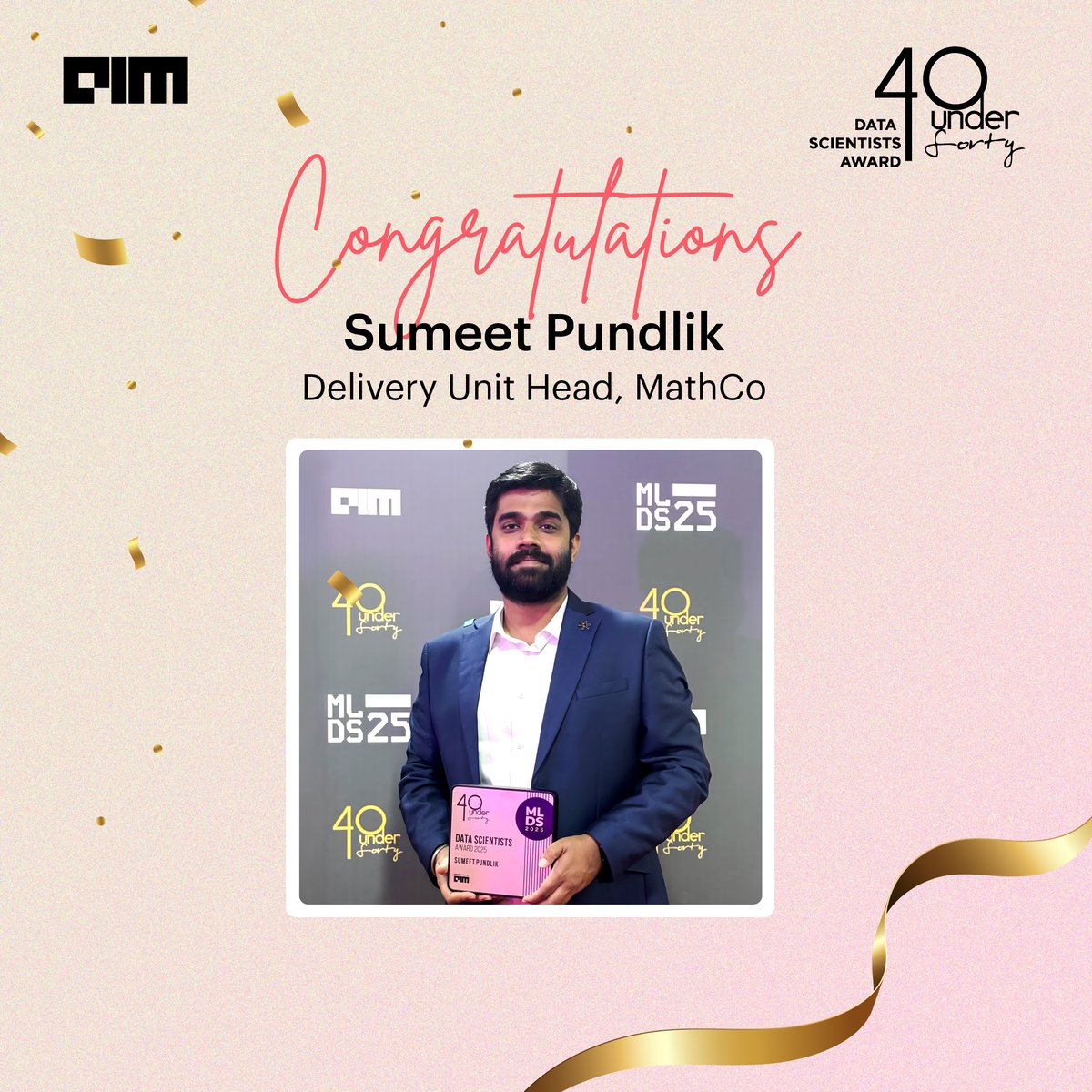 themathcompany's tweet photo. We're thrilled to announce that Sumeet Pundlik, Delivery Unit Head, MathCo, has been recognized among the "40 Under 40 Data Scientists" by AIM!
Congratulations on this well-deserved recognition, Sumeet!
#MathCo #DataScience #40Under40 #AIM #OwnYourIntelligence https://t.co/fUCbSSbAet