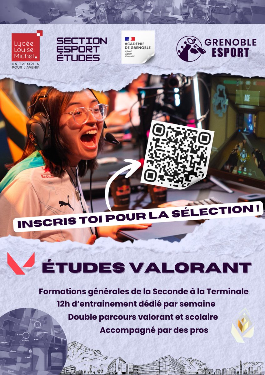 GrenobleEsport's tweet photo. 🔥 Nouvelle formation Esport-Études #Valorant à Grenoble ! 

Allie ta réussite scolaire à ta passion avec
✔️ Entraînements pro🎯
✔️ Emploi du temps adapté📚
✔️ Compétitions &amp; suivi perso💪
🎯 Places limitées ! Inscris-toi maintenant⬇️
🔗 https://t.co/ZMm0YpgHPX
#Esport  #Grenoble https://t.co/YbjiaogXdo