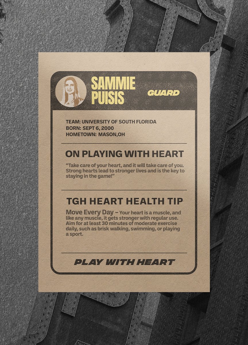 Tampa General Hospital (@tghcares) on Twitter photo This #AmericanHeartMonth, TGH is teaming up with Tampa athletes to spread the word about heart health! We’re sharing #PlayWithHeart cards all month with inspiring messages and TGH Heart Health Tips. Check out <a href="/USFWBB/">USF Women's Basketball</a> guard <a href="/sammiepuisis/">Samantha Puisis</a>’ card and be sure to collect them all! ❤️ This #AmericanHeartMonth, TGH is teaming up with Tampa athletes to spread the word about heart health! We’re sharing #PlayWithHeart cards all month with inspiring messages and TGH Heart Health Tips. Check out <a href="/USFWBB/">USF Women's Basketball</a> guard <a href="/sammiepuisis/">Samantha Puisis</a>’ card and be sure to collect them all! ❤️