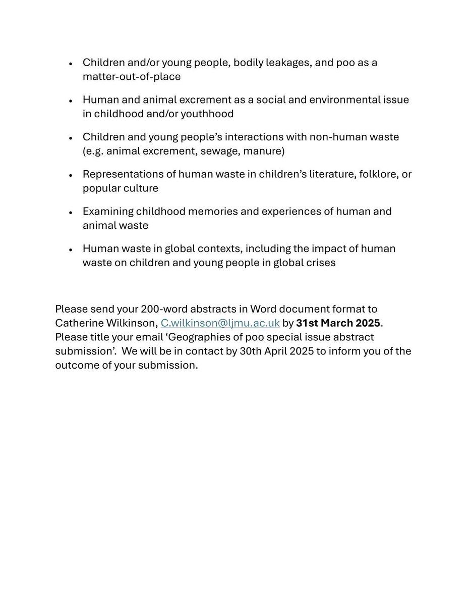 Call for articles: "Children &amp; Young People’s Geographies of Poo: Examining Human &amp; Non-Human Waste in the Social &amp; Spatial Contexts of Childhood."

Abstracts due by 31 March.

This special issue is edited by our member Catherine Wilkinson.