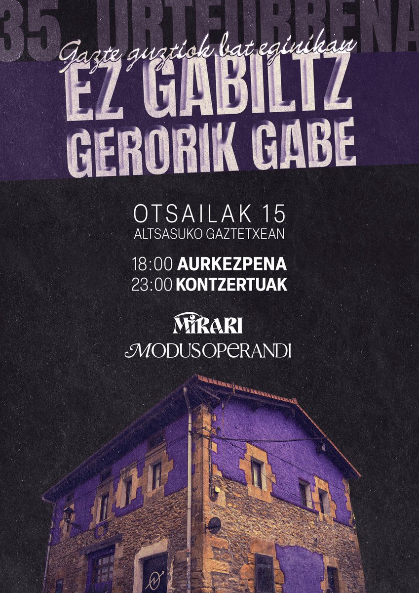 💥 35.URTEMUGA💥

Aurten 35 urte betetzen ditugun honetan, egitarau paregabea prestatzen gabiltza!

Informazio gehio izateko etorri aurkezpenera!

Gazte guztiok bat eginikan, ez gabiltza gerorik gabe