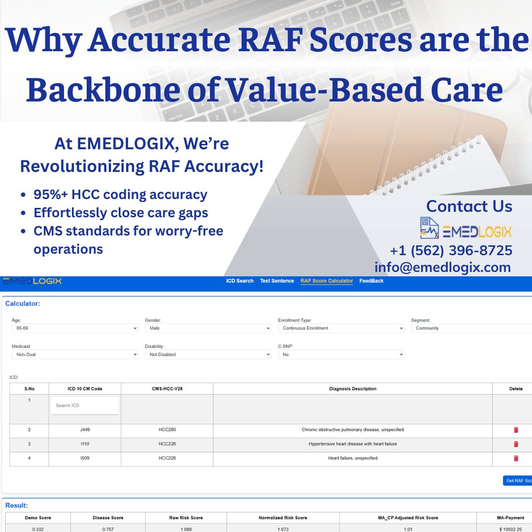emedlogix's tweet image. Why Accurate RAF Scores are the Backbone of Value-Based Care
Accurate RAF scores drive financial stability, better outcomes, and compliance. EMEDLOGIX delivers 95%+ HCC accuracy and CMS alignment. Try now: nlp.emedlogix.com/icd-search/#/r…

#RiskAdjustment #ValueBasedCare