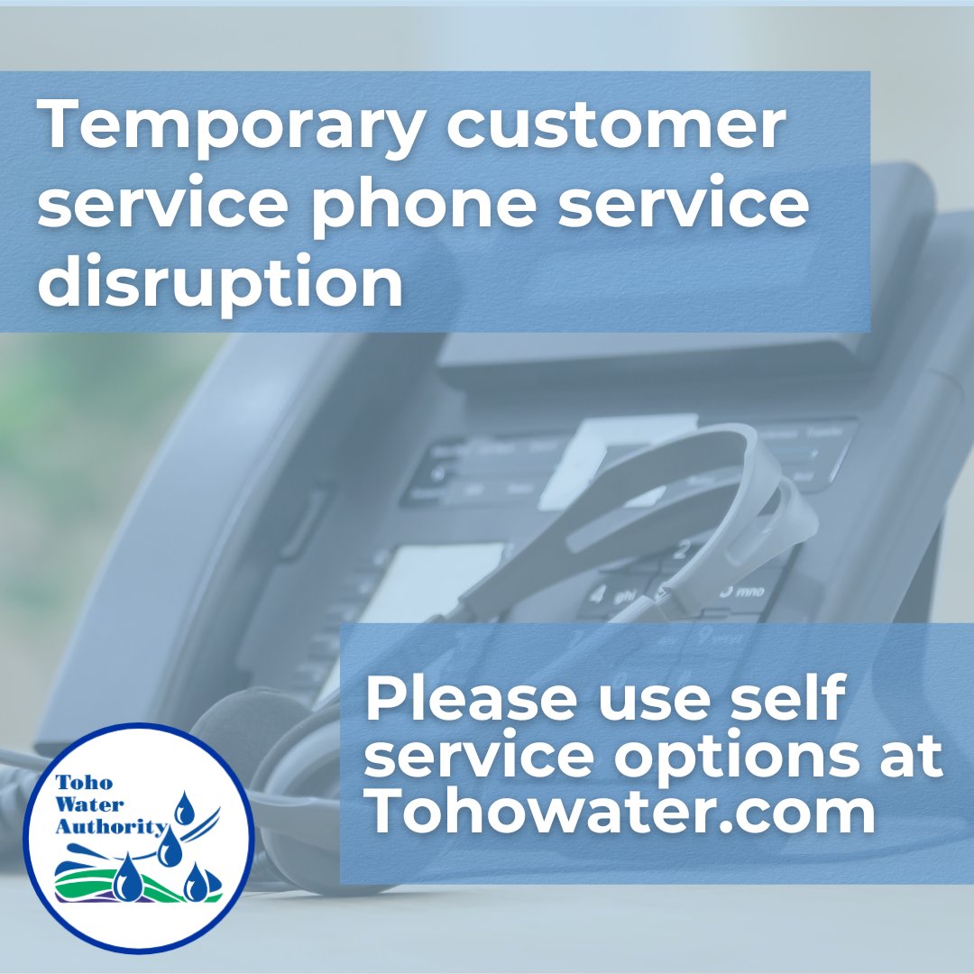 Please be aware, our customer service phone numbers are temporarily down. While our IT department works on resolving the issue, visit tohowater.com for a variety of self-service options. We will provide an update as soon as the issue is resolved.