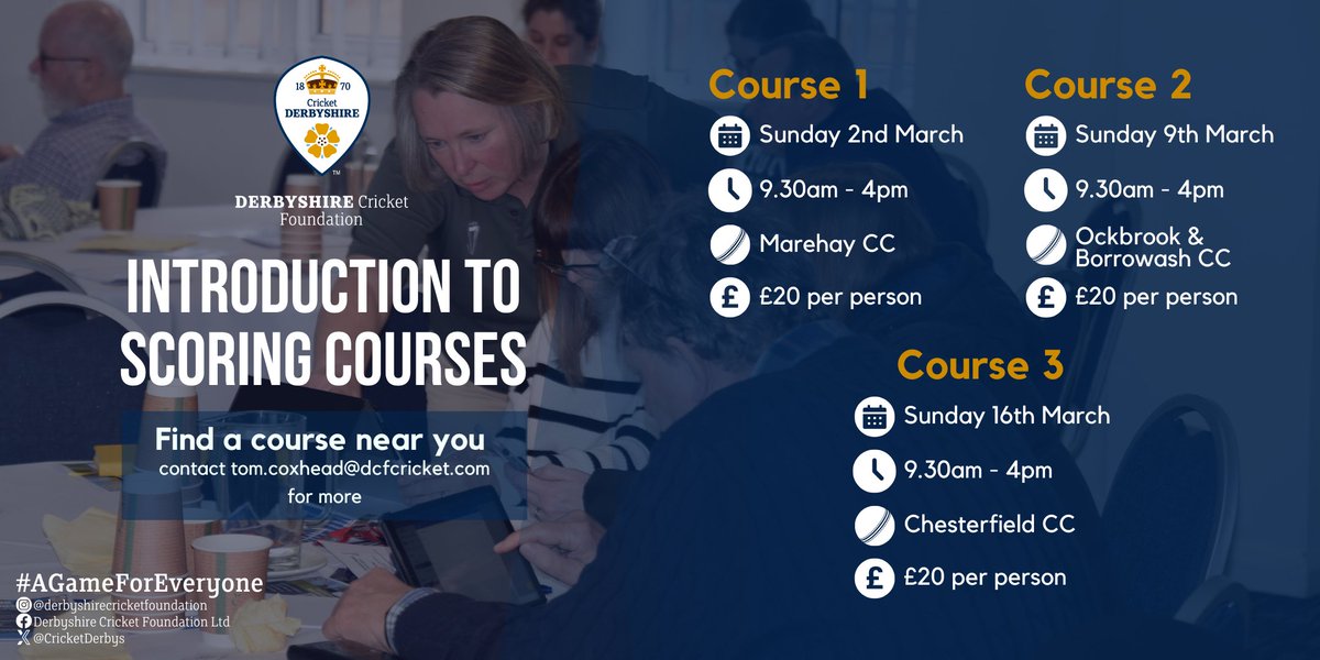 Derbyshire Cricket Foundation 🏏 (@cricketderbys) on Twitter photo Introduction to Scoring Courses
This is an ideal course for complete beginners or as a refresher for anyone returning to scoring. It covers the very basics of scoring.
📌Courses at <a href="/MarehayCC/">Marehay Cricket Club</a>, <a href="/OandBCC/">OBCC</a>, and <a href="/Chesterfield_CC/">Chesterfield Cricket Club</a>
💷£20
Find Out More⤵️
dcfcricket.com/scorers-course… Introduction to Scoring Courses
This is an ideal course for complete beginners or as a refresher for anyone returning to scoring. It covers the very basics of scoring.
📌Courses at <a href="/MarehayCC/">Marehay Cricket Club</a>, <a href="/OandBCC/">OBCC</a>, and <a href="/Chesterfield_CC/">Chesterfield Cricket Club</a>
💷£20
Find Out More⤵️
dcfcricket.com/scorers-course…