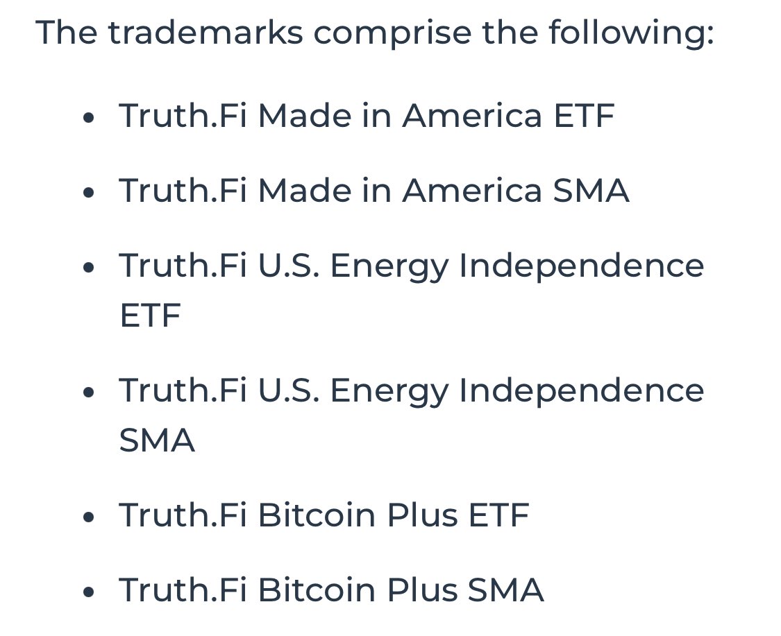 BREAKING: TRUMP MEDIA REGISTERS TRADEMARKS FOR TRUTHFI INVESTMENT VEHICLES  - INCLUDES “TRUTH(.)FI BITCOIN PLUS ETF” AND “TRUTH(.)FI BITCOIN PLUS SMA”