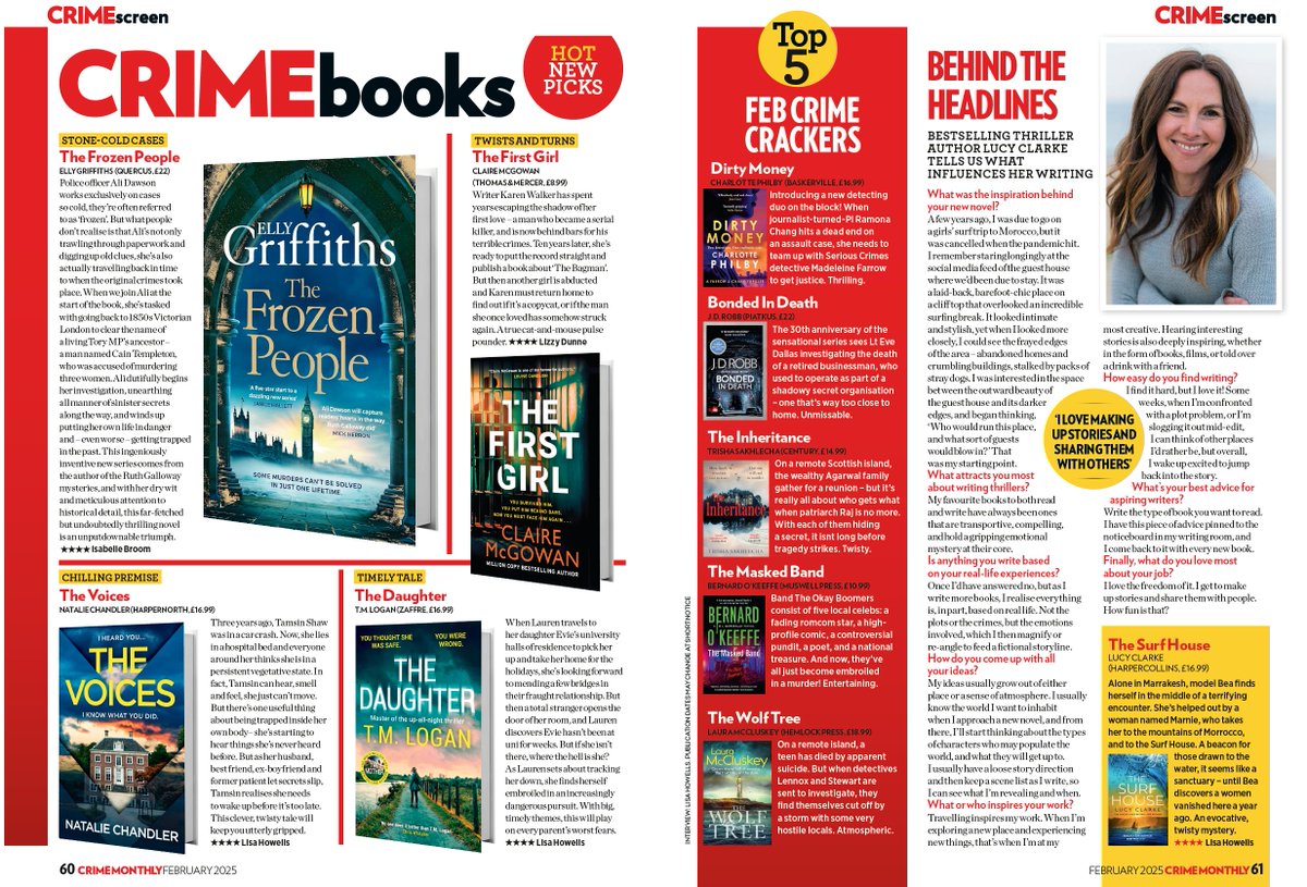 Crime Monthly (@crimemonthly) on Twitter photo New issue = new books, and we have crackers from <a href="/ellygriffiths/">Elly Griffiths</a> <a href="/inkstainsclaire/">Claire McGowan</a> <a href="/TMLoganAuthor/">TM Logan🇬🇧🇺🇦</a> <a href="/NatalieC_Author/">Natalie Chandler</a> Charlotte Philby Nora Roberts <a href="/TrishaSakhlecha/">Trisha Sakhlecha</a> <a href="/BernardOKeeffe1/">Bernard O'Keeffe</a> Laura McCluskey and a chat with Lucy Clarke New issue = new books, and we have crackers from <a href="/ellygriffiths/">Elly Griffiths</a> <a href="/inkstainsclaire/">Claire McGowan</a> <a href="/TMLoganAuthor/">TM Logan🇬🇧🇺🇦</a> <a href="/NatalieC_Author/">Natalie Chandler</a> Charlotte Philby Nora Roberts <a href="/TrishaSakhlecha/">Trisha Sakhlecha</a> <a href="/BernardOKeeffe1/">Bernard O'Keeffe</a> Laura McCluskey and a chat with Lucy Clarke