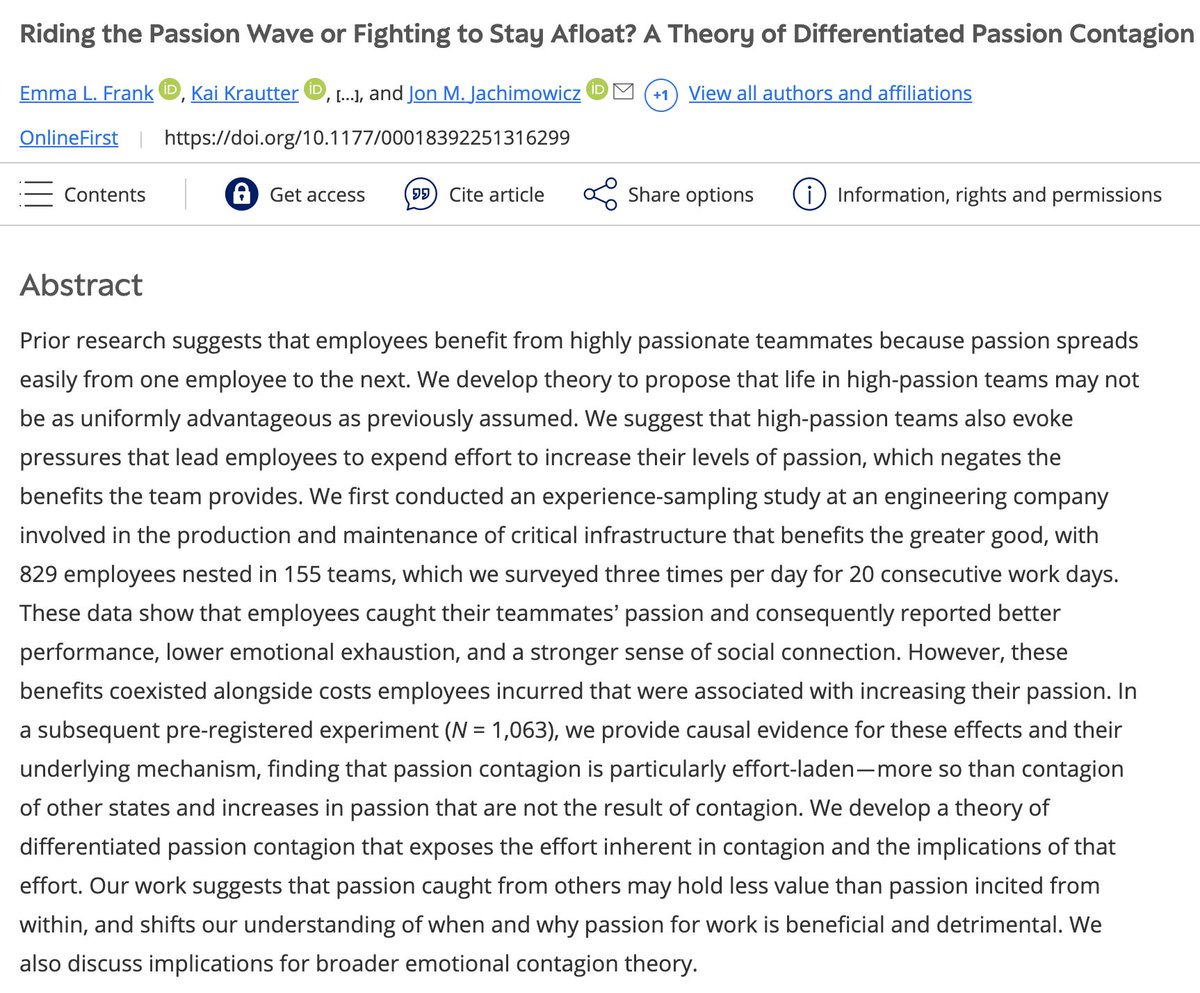 Jon M Jachimowicz (@jonj) on Twitter photo Prior work argues employees benefit from passionate teammates because passion is contagious—it spreads easily from one employee to the next.
In a new paper <a href="/ASQJournal/">ASQ Journal</a>, we find that's not quite the full story... 1/8
journals.sagepub.com/doi/10.1177/00… Prior work argues employees benefit from passionate teammates because passion is contagious—it spreads easily from one employee to the next.
In a new paper <a href="/ASQJournal/">ASQ Journal</a>, we find that's not quite the full story... 1/8
journals.sagepub.com/doi/10.1177/00…