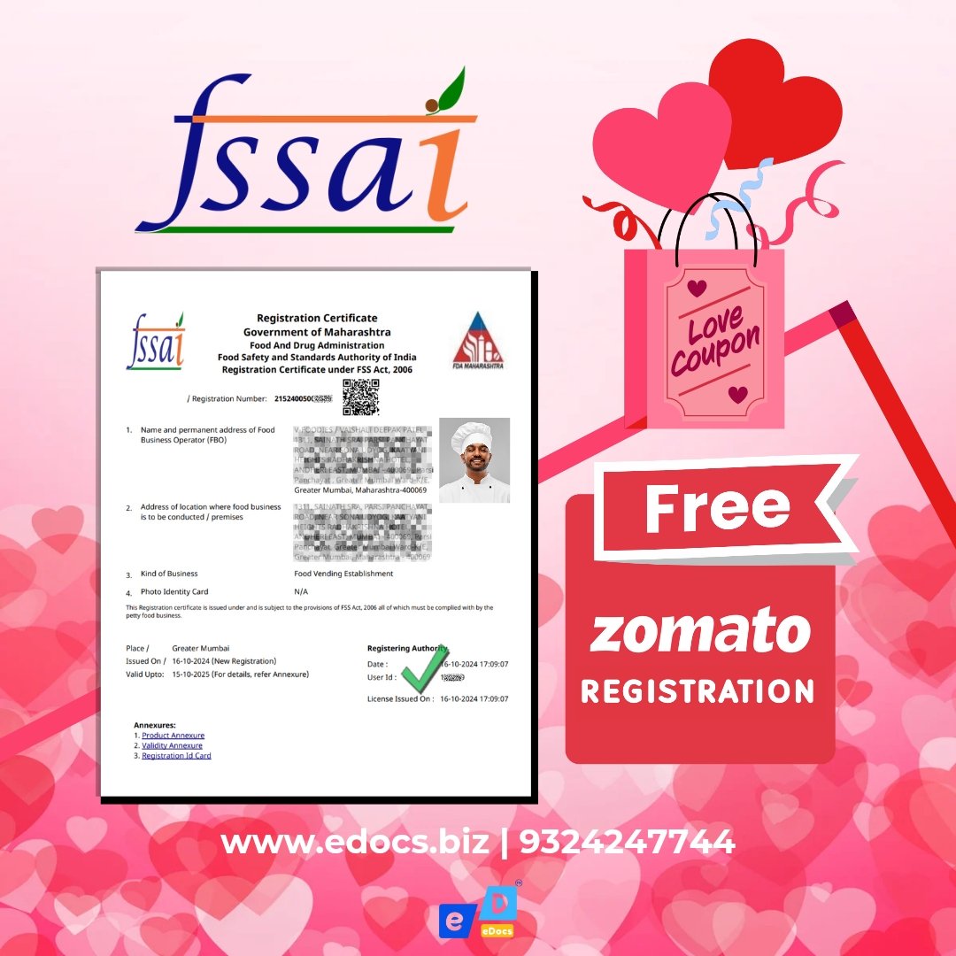eDocs_'s tweet image. ❤️ Valentine&apos;s Special Offer! ❤️

Start your food business journey with FSSAI Registration and get FREE Onboarding on Zomato! 🍽️💖

💝 Offer Valid Till Feb 2025 💝

Make your food business the favorite spot for lovebirds this Valentine’s! 💕

📞 Call/WhatsApp: 9324247744