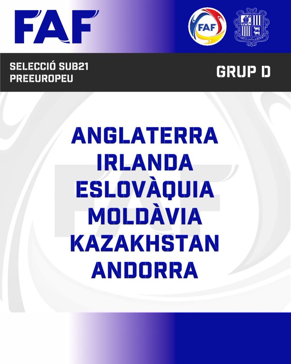 ⚔️ GROUPE - QUALIFICATIONS EURO U21 2027

Nous connaissons notre groupe de qualifications pour l’Euro U21 de 2027 qui se déroulera en Serbie et en Albanie (😬) !

🏴󠁧󠁢󠁥󠁮󠁧󠁿 Angleterre
🇮🇪 Irlande
🇸🇰 Slovaquie
🇲🇩 Moldavie
🇰🇿 Kazakhstan

C’est une 1ère face à la Slovaquie et le Kazakhstan.