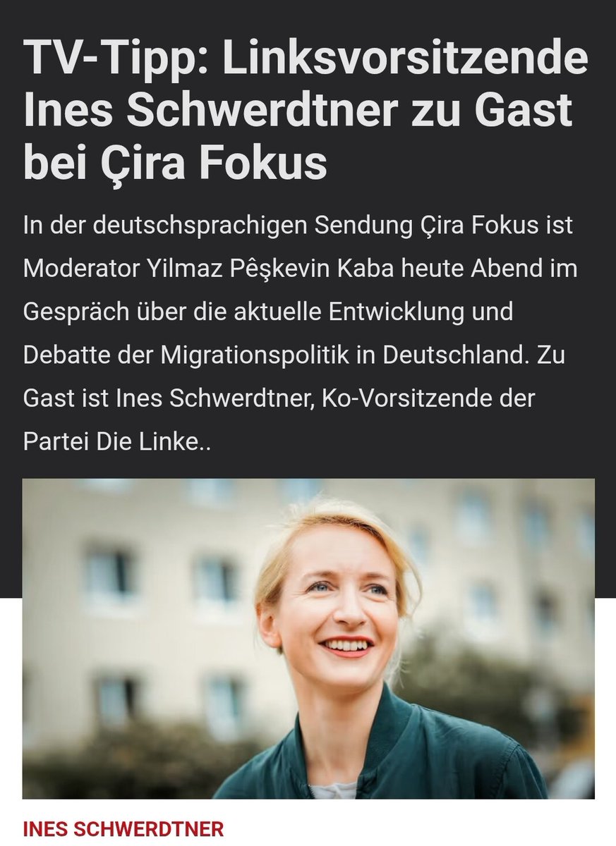 Yilmaz Pêşkevin Kaba (@yilmazkaba) on Twitter photo anfdeutsch.com/aktuelles/Cira…
Die Sendung am *06. Februar beginnt um 20 Uhr* und kann auch über den Livestream verfolgt werden ( linktr.ee/ciratv )
Alternativ: myflixtv.com - ku.karwan.tv/cira-tv.html
<a href="/CiraReport/">ÇiraReport</a>
<a href="/tv_cira/">Çira TV</a>
<a href="/dieLinke/">Die Linke</a>
<a href="/inesschwerdtner/">Ines Schwerdtner</a>
<a href="/jan_vanaken/">Jan van Aken</a> anfdeutsch.com/aktuelles/Cira…
Die Sendung am *06. Februar beginnt um 20 Uhr* und kann auch über den Livestream verfolgt werden ( linktr.ee/ciratv )
Alternativ: myflixtv.com - ku.karwan.tv/cira-tv.html
<a href="/CiraReport/">ÇiraReport</a>
<a href="/tv_cira/">Çira TV</a>
<a href="/dieLinke/">Die Linke</a>
<a href="/inesschwerdtner/">Ines Schwerdtner</a>
<a href="/jan_vanaken/">Jan van Aken</a>