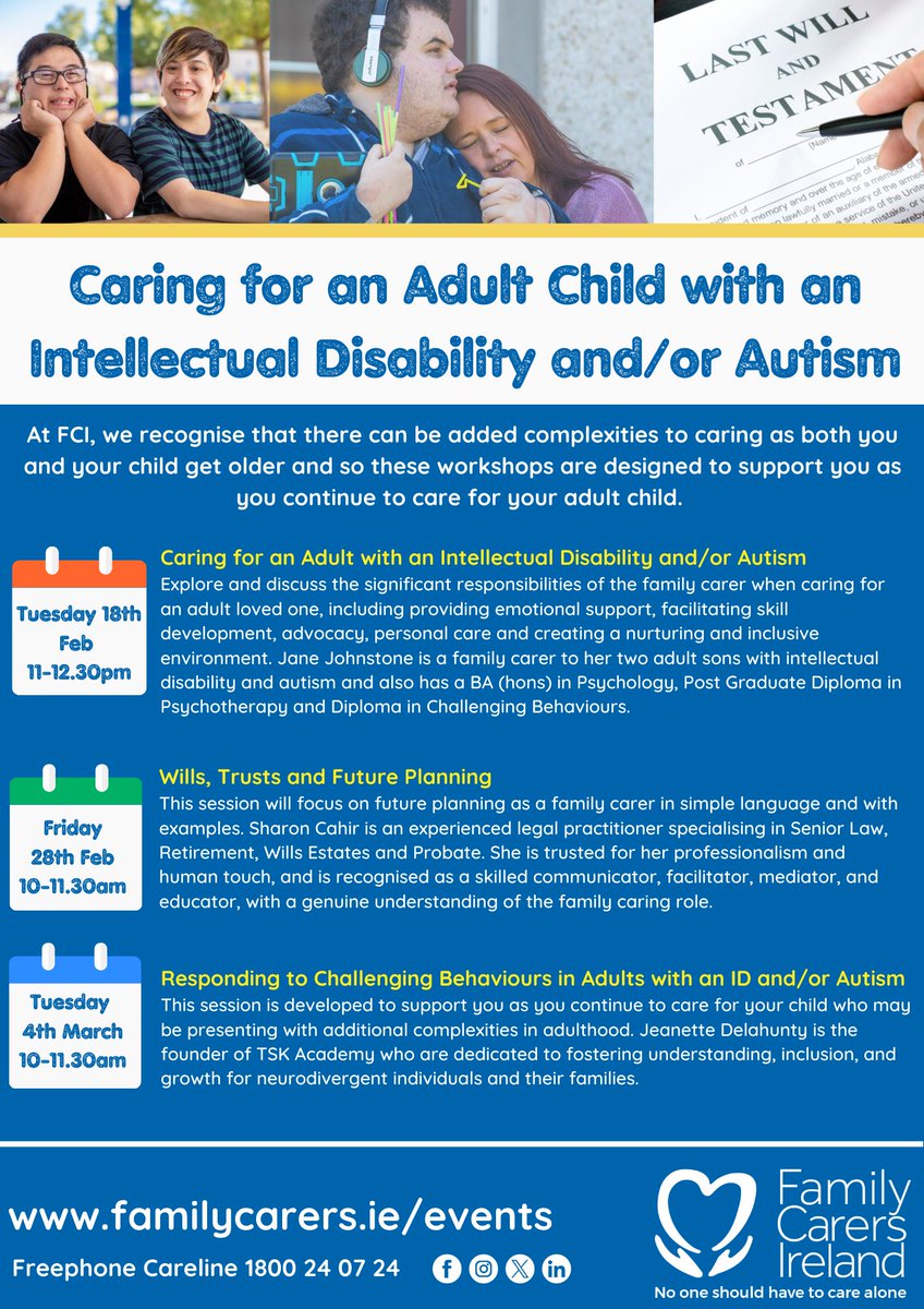 Knowing there can be many added complexities to caring as you/your child get older, these workshops aim to support you, whether it’s exploring feelings of overwhelm or isolation, fears for the future or struggles with behaviours that challenge. Register at eventbrite.ie/e/122106630518…