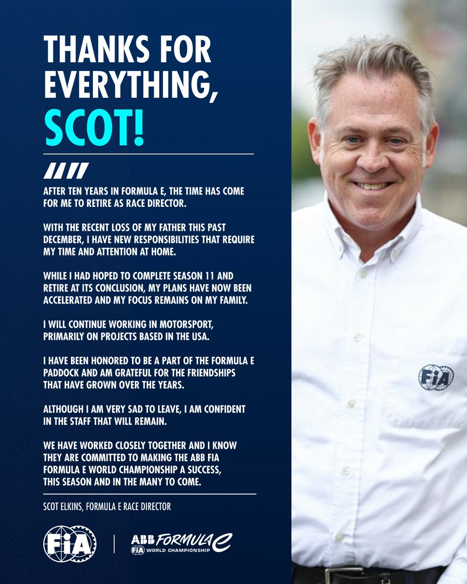Thank you, Scot 👏

Scot Elkins to step back from ABB <a href="/FIAFormulaE/">Formula E</a> World Championship Race Director role and be replaced by current deputy, Marek Hanaczewski. 

#FIA #FormulaE