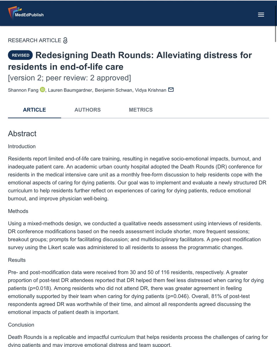Redesigning death rounds can help alleviate emotional distress for residents by focusing on reflection, peer support, and mindfulness in end-of-life care. This holistic approach promotes both medical learning and emotional resilience. 

🔗ow.ly/7zAA50UUEvH

#MedEdPublish