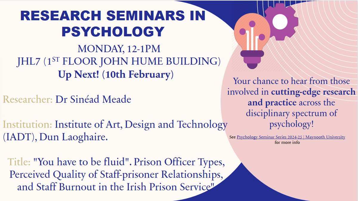 MU Psychology (@mupsychdept) on Twitter photo Our Seminar Series resumes on Monday 10th February! We are delighted to welcome Dr Sinéad Meade, Lecturer <a href="/IADTappliedpsyc/">BSc (Hons) in Applied Psychology in IADT.</a>, to discuss her research exploring Prison Officer Types, Perceived Quality of Staff-prisoner Relationships, and Staff Burnout in the Irish Prison Service. Our Seminar Series resumes on Monday 10th February! We are delighted to welcome Dr Sinéad Meade, Lecturer <a href="/IADTappliedpsyc/">BSc (Hons) in Applied Psychology in IADT.</a>, to discuss her research exploring Prison Officer Types, Perceived Quality of Staff-prisoner Relationships, and Staff Burnout in the Irish Prison Service.