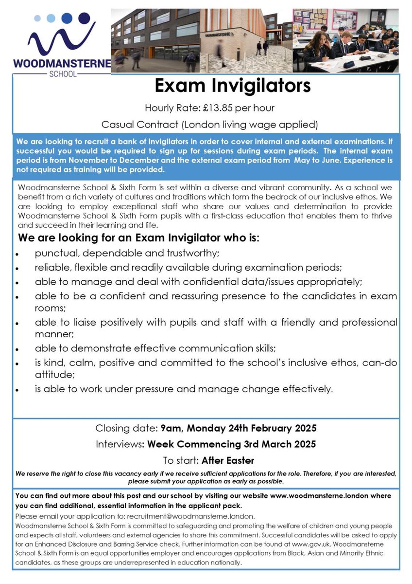 We are looking to recruit Exam Invigilators for the exam periods of November to December and May to June. The closing date is 24th February. More information can be found here: woodmansterne.london/ExamInvigilato…