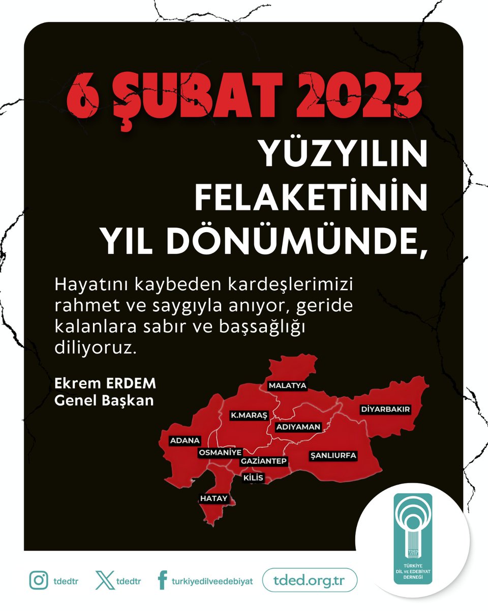 YÜZYILIN FELAKETİNİN YIL DÖNÜMÜNDE,

Hayatını kaybeden kardeşlerimizi rahmet ve saygıyla anıyor, geride kalanlara sabır ve başsağlığı diliyoruz.   

Ekrem ERDEM
Genel Başkan