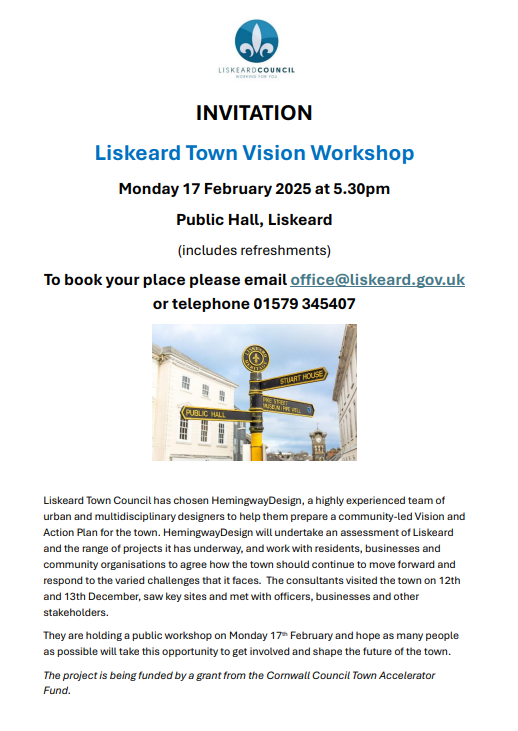 Make sure you book in if you're planning on coming to the Town Vision Workshop on 17th.  Places are filling up. #liskeard Ring between 9am - 1pm or email as per the poster.