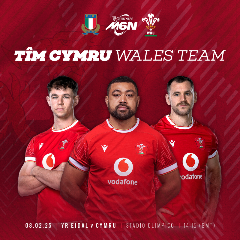WelshRugbyUnion's tweet photo. 🚨 𝗧î𝗺 𝗖𝘆𝗺𝗿𝘂 🏴󠁧󠁢󠁷󠁬󠁳󠁿

Here is your Wales team for our @SixNationsRugby clash 🆚 @Federugby on Saturday afternoon at the Stadio Olympico, 14:15 KO! 🔥👇

#GuinnessM6N | #ITAvWAL