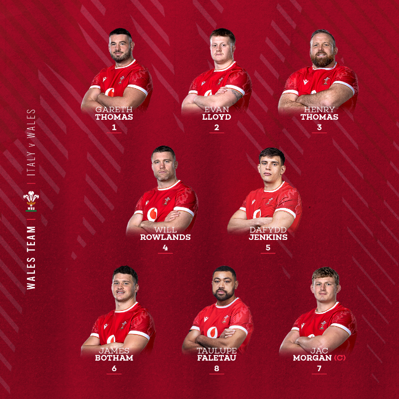 WelshRugbyUnion's tweet photo. 🚨 𝗧î𝗺 𝗖𝘆𝗺𝗿𝘂 🏴󠁧󠁢󠁷󠁬󠁳󠁿

Here is your Wales team for our @SixNationsRugby clash 🆚 @Federugby on Saturday afternoon at the Stadio Olympico, 14:15 KO! 🔥👇

#GuinnessM6N | #ITAvWAL