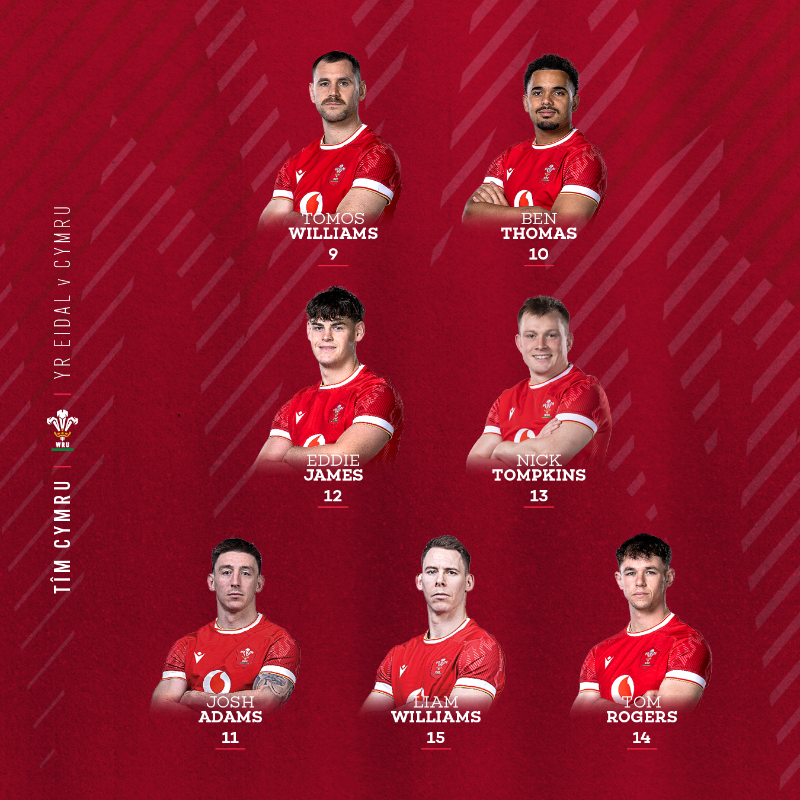 WelshRugbyUnion's tweet photo. 🚨 𝗧î𝗺 𝗖𝘆𝗺𝗿𝘂 🏴󠁧󠁢󠁷󠁬󠁳󠁿

Here is your Wales team for our @SixNationsRugby clash 🆚 @Federugby on Saturday afternoon at the Stadio Olympico, 14:15 KO! 🔥👇

#GuinnessM6N | #ITAvWAL