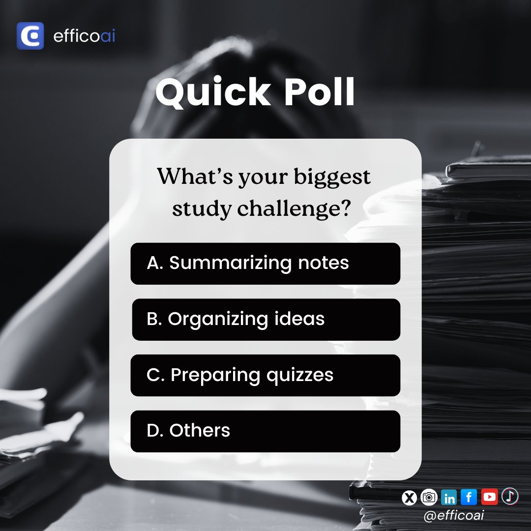 efficoai's tweet photo. Struggling with studying? You’re not alone! Do you spend hours summarizing notes, organizing messy ideas, or prepping for quizzes only to feel exhausted? We get it!  EfficoAI makes studying easier. But first, what’s your biggest challenge? 

Comment below &amp; download EfficoAI now. https://t.co/kMK8WkF3ai