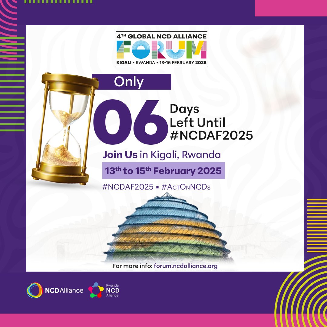 ⏳ 6 DAYS TO GO! 🚀

Another exciting day closer to the Global NCDA Forum 2025 in Kigali, Rwanda! 🌍✨
Get ready to be part of bold conversations and transformative action on NCDs.

📅 13–15 February 2025
📍 Kigali, Rwanda
For the forum program and more details, visit: