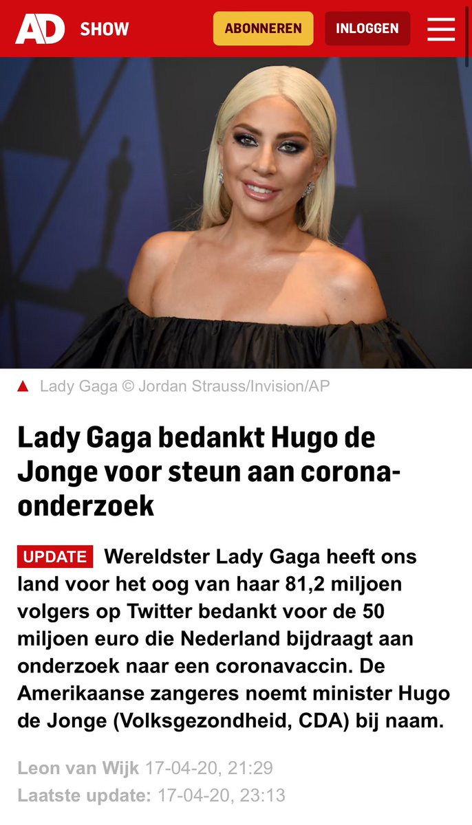 17/4/20 - Iemand enig idee hoeveel Lady Gaga van het USAID toucheerde voor haar COVID promotie praatje met <a href="/hugodejonge/">Hugo de Jonge</a>? Het was dus allemaal gescript, geacteerd en betaald werk. De stunt werd beloond met 50 miljoen belastinggeld ad.nl/show/lady-gaga…