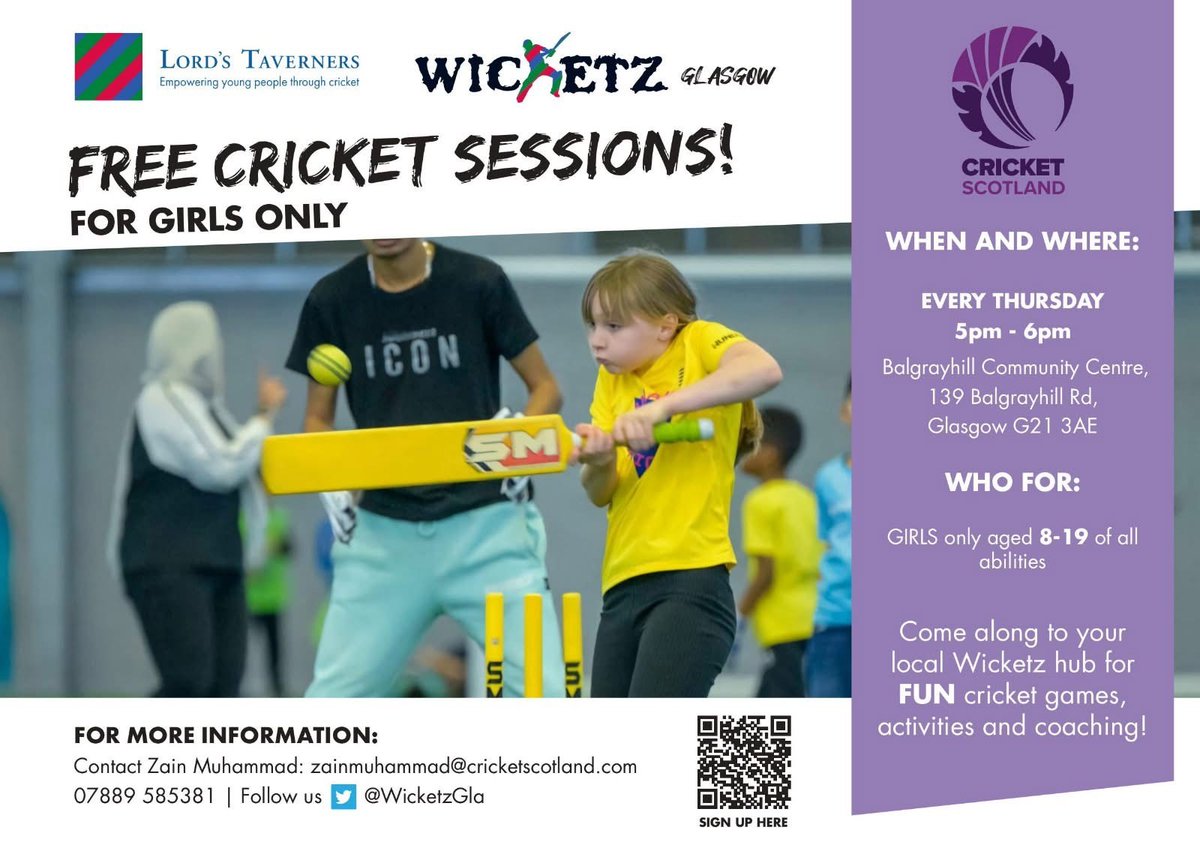 ng homes (@ng_homes) on Twitter photo Know anyone interested in learning or playing cricket?
<a href="/WicketzGla/">Wicketz Glasgow</a> is running two sessions each week - mixed Thurs 6-8pm & a girls-only session Thurs 5-6pm.
Free for everyone to attend - scan the QR code below to get involved! Know anyone interested in learning or playing cricket?
<a href="/WicketzGla/">Wicketz Glasgow</a> is running two sessions each week - mixed Thurs 6-8pm & a girls-only session Thurs 5-6pm.
Free for everyone to attend - scan the QR code below to get involved!