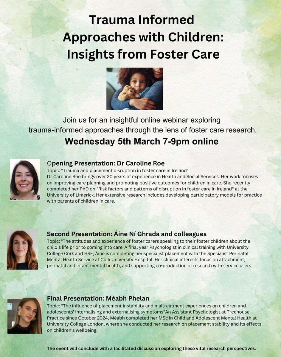 📢SAVE THE DATE📢

Trauma &amp; Adversity SIG March Event - Trauma Informed Approaches with Children: Insights from Foster Care

With presentations from Dr Caroline Roe, Áine Ní Ghrada &amp; colleagues, and Méabh Phelan

When: Wednesday 5th March (7-9pm)

Sign up information to follow!