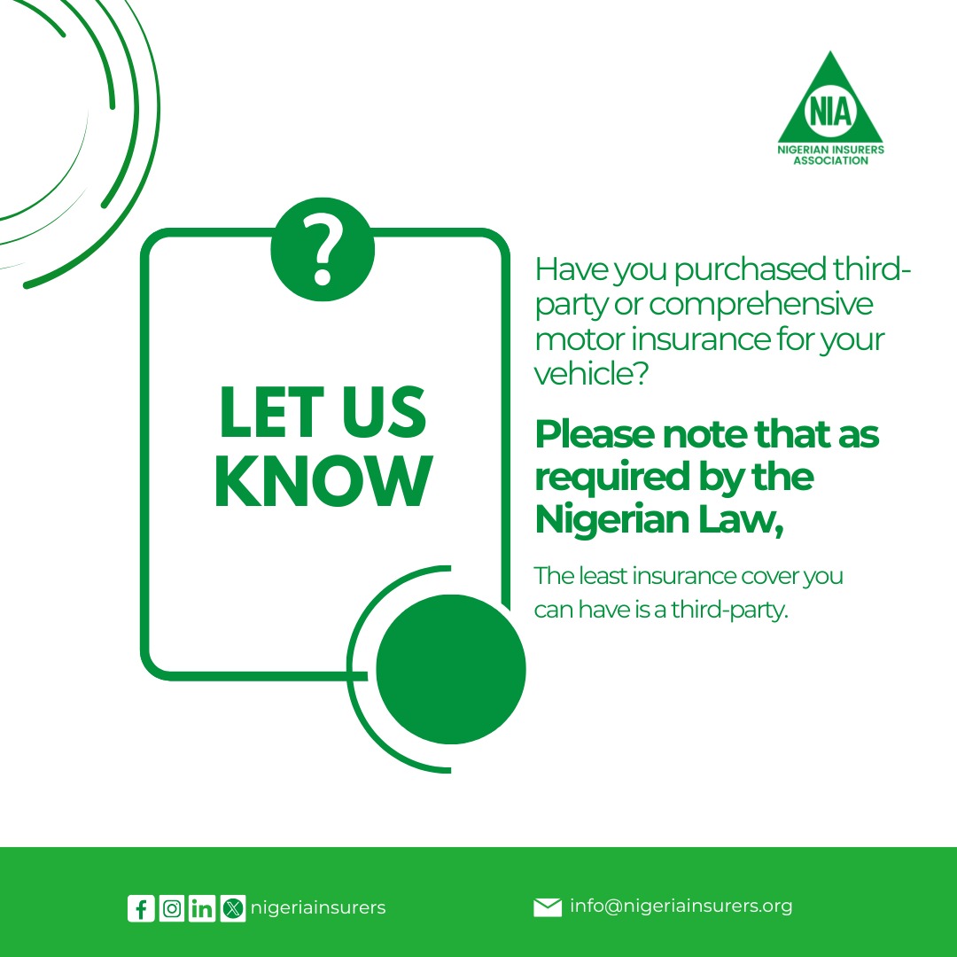nigeriainsurers's tweet photo. Have you secured either a third-party or comprehensive motor insurance for your vehicle?
Let us know what cover you have, your insurer and how you procured yours in the comments section.
#3rdpartyinsurance
#Comprehensiveinsurance
#Motorinsurance
#Niip https://t.co/Se1wdGjIgN