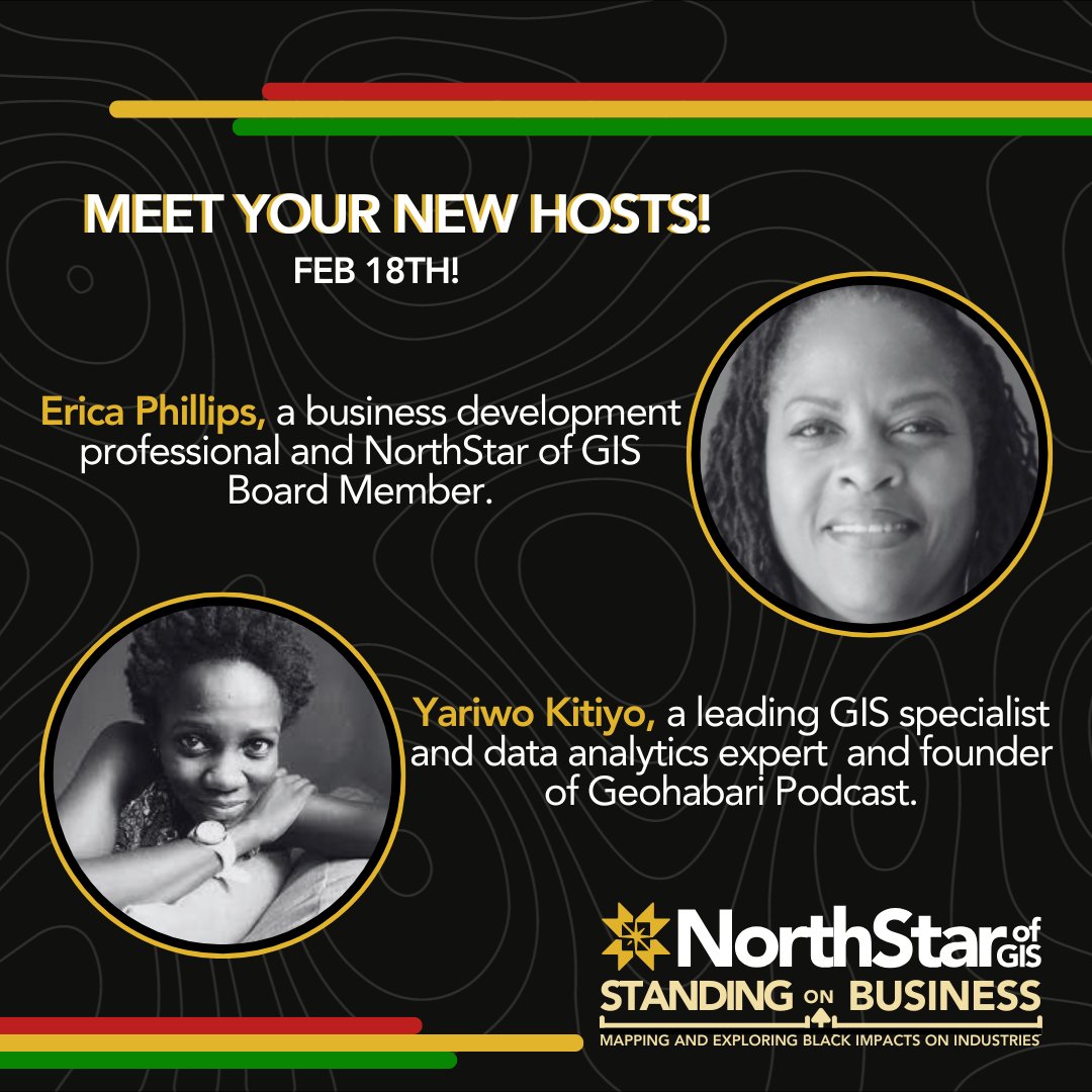 🌍 We’re bringing the energy to our Black History Month Webinars, and we’ve got something extra for y’all—Season 2 of NorthStar Gaze is coming! 🎙️

📅 Tune in to our webinars (2/6, 2/12, 2/18) for more details northstarofgis.org/BHM!

#NorthStarGaze #BlackGeography #GISPodcast