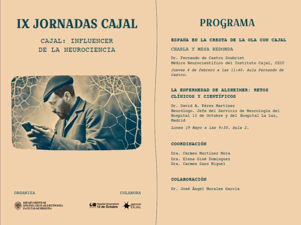 Año tras año, sin  darnos casi cuenta, ya vamos por la IX edición de las Jornadas Cajal (<a href="/Cajal_UCM/">Jornadas Cajal UCM</a>). Hoy tendremos a <a href="/FdeCastroS/">Fernando de Castro S</a> dando la primera charla en el Aula que lleva el nombre de su abuelo Fernando de Castro, en nuestra <a href="/FMedicinaUniCM/">Facultad de Medicina UCM</a> . #cajal
