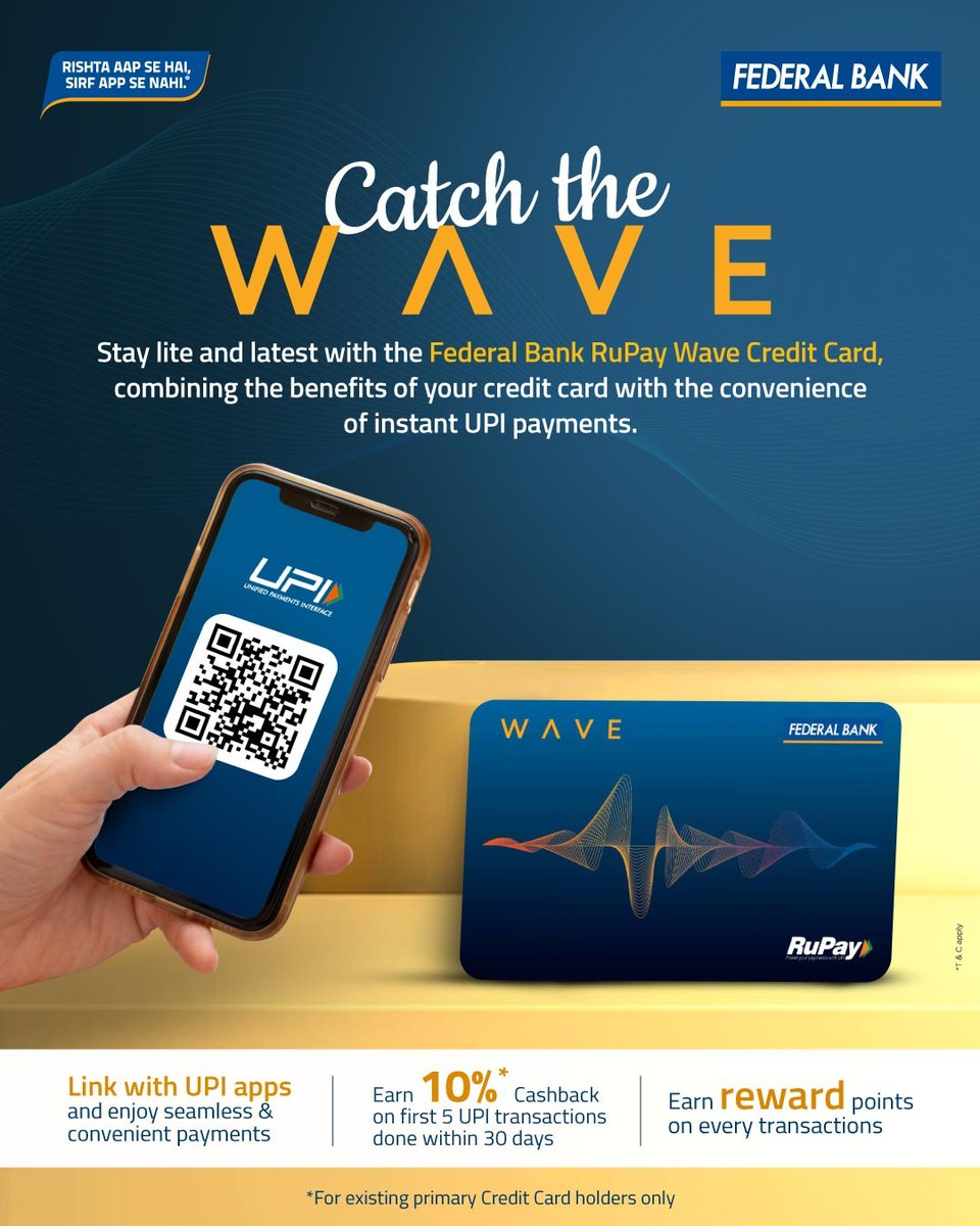 FederalBankLtd's tweet image. Lite and latest Federal Bank RuPay Wave Credit Card offers you the best of both worlds. Apply now

Visit: federalbank.co.in/rupay-wave-cre… to know more.

#FederalBank #WaveCreditCard #RuPay
