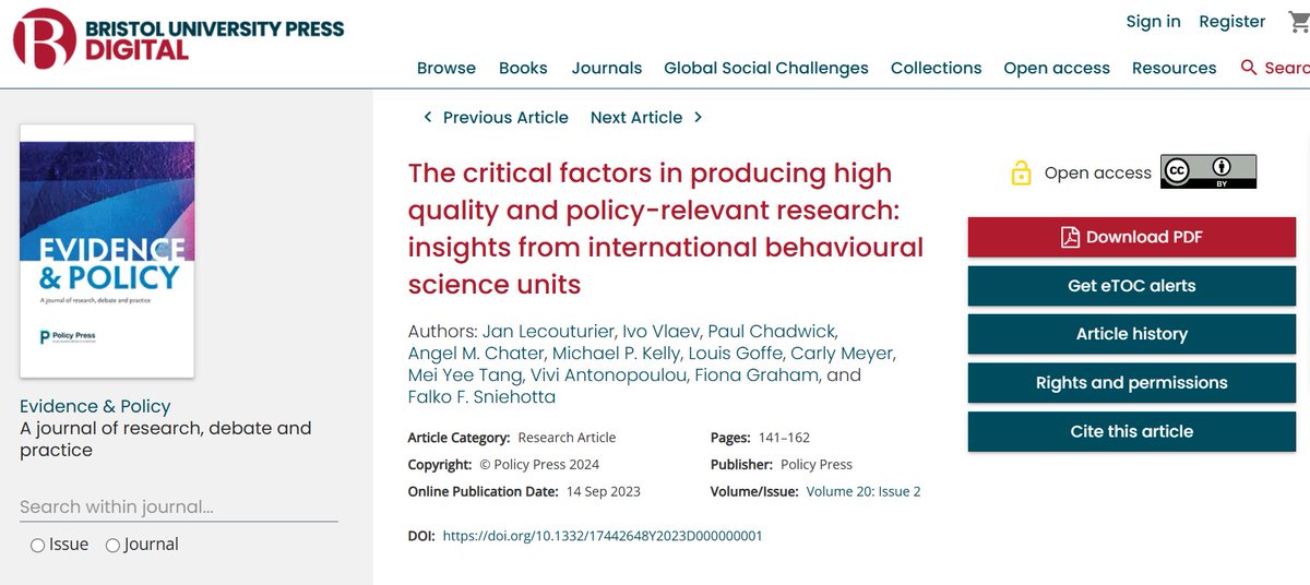 NIHR PRU Behavioural and Social Sciences (@nihr_prubass) on Twitter photo One of our papers was in the top 5 most downloaded in the <a href="/EvidencePolicy/">Evidence & Policy</a> journal in 2024!
We considered critical factors in producing high quality & policy-relevant research, interviewing representatives from 15 international behavioural science units
bristoluniversitypressdigital.com/view/journals/⦠One of our papers was in the top 5 most downloaded in the <a href="/EvidencePolicy/">Evidence & Policy</a> journal in 2024!
We considered critical factors in producing high quality & policy-relevant research, interviewing representatives from 15 international behavioural science units
bristoluniversitypressdigital.com/view/journals/ā¦