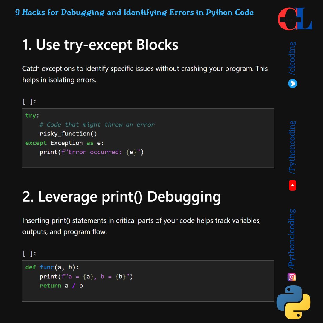 clcoding's tweet image. 7 Hacks for Debugging and Identifying Errors in Python Code