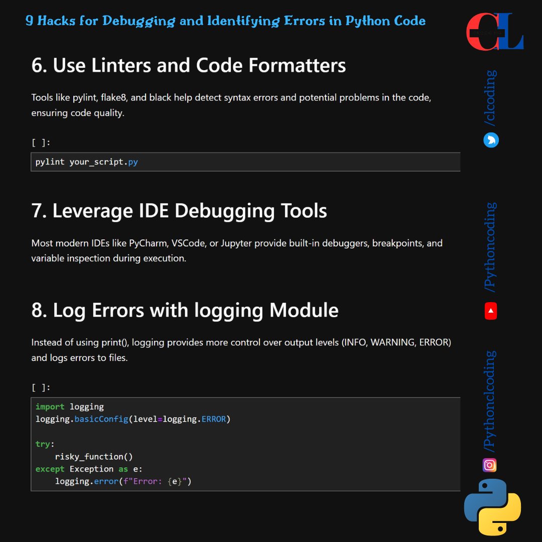 clcoding's tweet image. 7 Hacks for Debugging and Identifying Errors in Python Code