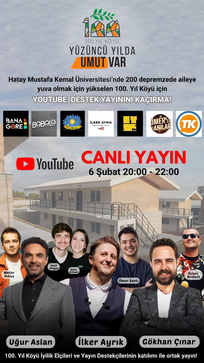 Hatay’da kalıcı bir yaşam alanı sağlamak için inşaa ettiğimiz 100. Yıl Köyümüz’ün ikinci fazı da bitti. Yaşam başladı bile. Kaldı 3. ve son faz. Yani çoğu gitti azı kaldı :) Bize katılıp bu projenin parçası olmak çok kolay. Haydi! YouTube yayınımıza katıl. Bu işi bitirelim :)