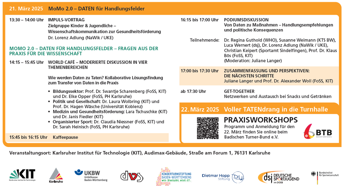 Das Programm für den Kongress Kinder bewegen – Daten für Taten am 21. März in Karlsruhe steht fest! 🎉 Dort werden erstmals die brandneuen Ergebnisse der MoMo 2.0-Studie präsentiert und diskutiert. Seid dabei, wenn Wissenschaft und Praxis aufeinandertreffen! #datenfürtaten