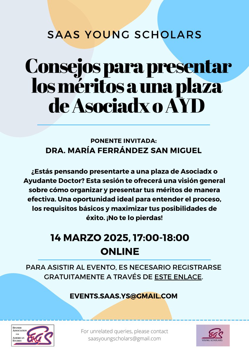 😍📢Apúntate a nuestra sesión informativa sobre cómo presentar los méritos a una plaza de Asociadx o Ayudante. Contaremos con la Dra. María Ferrández San Miguel para resolver dudas y compartir consejos! 
📅4 marzo - 17h
🔗Formulario inscripción gratuita: surl.li/yrcida